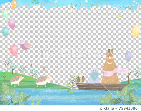 小川のある風景と動物の北欧風かわいいフレームイラスト素材のイラスト素材