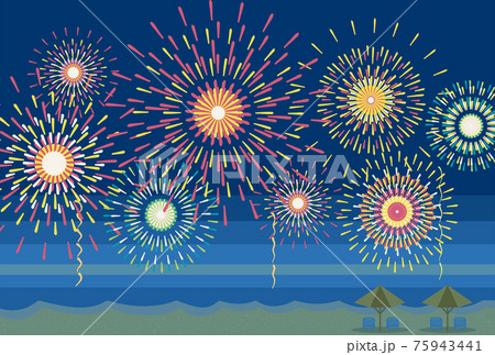 花火 夏空 星空 浜辺 背景 イラストのイラスト素材