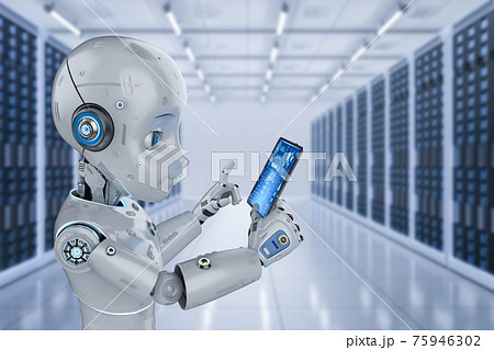 cute robot working in server room 75946302