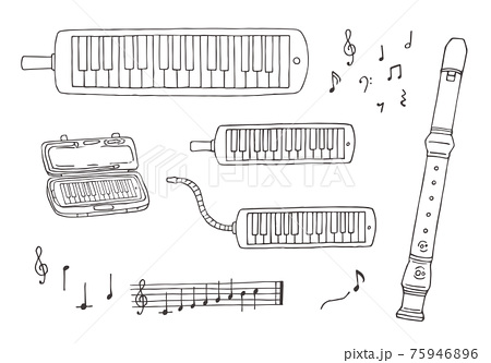 鍵盤ハーモニカとリコーダーの手描きイラスト モノクロ のイラスト素材