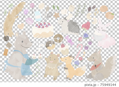 Illustration set of watercolor-style animals and sweets 75949144