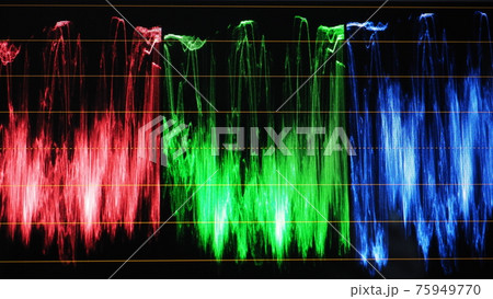 Color grading monitor. RGB colour correction indicator graph on screen in post production process. Telecine stage in video or film production processing. for colorist edit or adjust on digital movie. 75949770