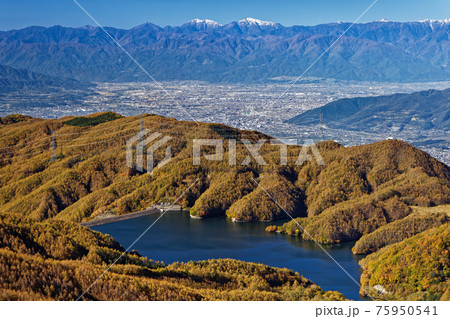 大菩薩連嶺・天狗棚山から見る紅葉の大菩薩湖と甲府盆地・南アルプス 大菩薩連嶺・天狗棚山から見る紅葉の大菩薩湖と甲府盆地・南アルプス 75950541