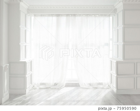Backlit window with white curtains in empty room 75950590