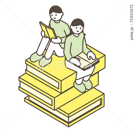 積み上げた本に座って読書する男性と女性 75950872