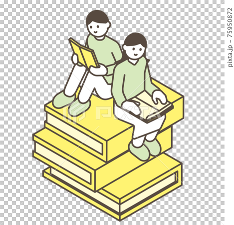 積み上げた本に座って読書する男性と女性 75950872