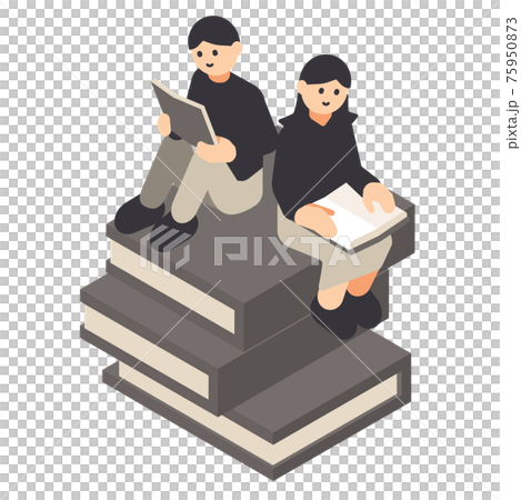 男人和女人坐在一堆書上看書 75950873