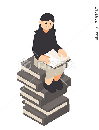 積み上げた本に座って読書する女性 75950874