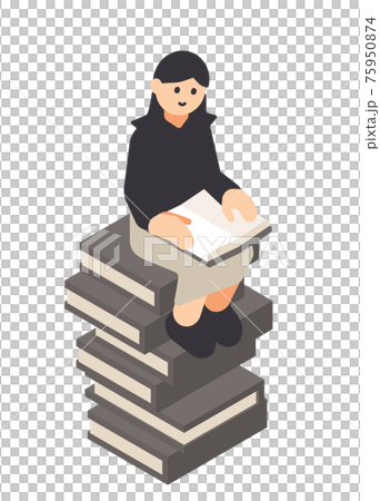 積み上げた本に座って読書する女性 75950874