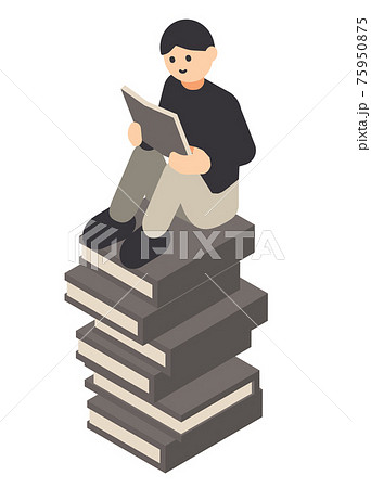 積み上げた本に座って読書する男性 75950875