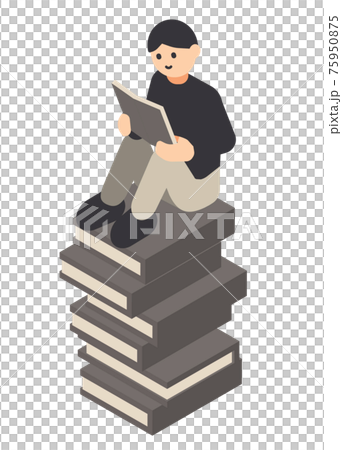 積み上げた本に座って読書する男性 75950875