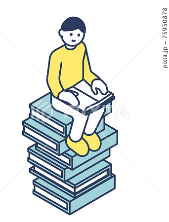 積み上げた本に座って読書する男性 75950878