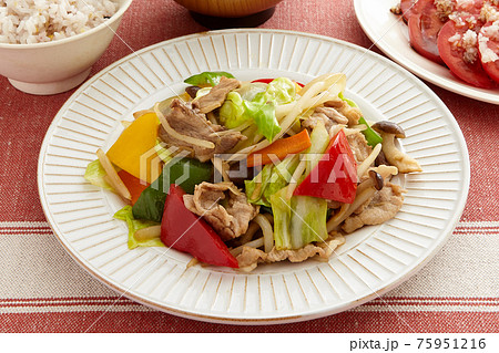 彩りの良い肉野菜炒めのヘルシーな献立 75951216