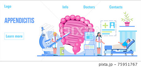 Appendicitis concept header vector for medical websites, blogs. Intestine doctors examine, treat dysbiosis. Tiny therapist of proctology make colonoscopy. 75951767