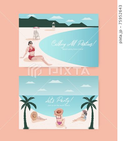 Card template with beach vacation concept design watercolor illustration 75952643