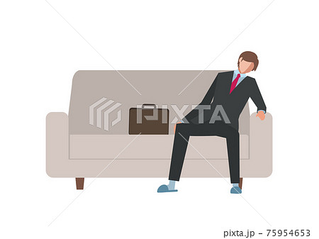ソファでぐったりと疲れている仕事上がりの男性 白背景版 ベクターフラットイラストのイラスト素材