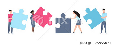 Business teamwork. Cartoon men and women holding puzzle. Employees working together. People teamed up to solve jigsaw. Collaboration and partnership, vector collective brainstorming Business teamwork. Cartoon men and women holding puzzle. Employees working together. People teamed up to solve jigsaw. Collaboration and partnership, vector collective brainstorming 75955671