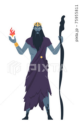 Hades. Supreme god of underworld. Divine character in Greek mythology. Pluto in Roman religion. Man in torn toga with wooden staff. Deity holding flame in hand. Vector Olympic pantheon Hades. Supreme god of underworld. Divine character in Greek mythology. Pluto in Roman religion. Man in torn toga with wooden staff. Deity holding flame in hand. Vector Olympic pantheon 75955811