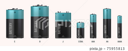Battery types. Realistic electric alkaline cells. 3D different size or capacity accumulators in row. Black cylinders with blue stripe. Tools for charging electrical devices, vector set 75955813