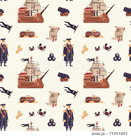 Pirate pattern. Cartoon seamless texture with captain and wooden ship. Map with location of treasure or chest full of gold. Filibuster flag. Vector mockup for kids textile and wallpaper Pirate pattern. Cartoon seamless texture with captain and wooden ship. Map with location of treasure or chest full of gold. Filibuster flag. Vector mockup for kids textile and wallpaper 75955865