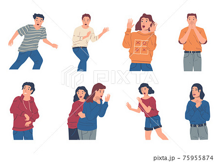 Panic people. Cartoon afraid characters with stress and shock reaction, horrified men or women. Teenagers with frightened facial expressions. Vector scared persons scream and run away Panic people. Cartoon afraid characters with stress and shock reaction, horrified men or women. Teenagers with frightened facial expressions. Vector scared persons scream and run away 75955874