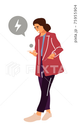 Woman with gadget. Cartoon female holding smartphone. Young character walking. Upset girl using mobile and sending message. Depleted phone battery. Vector device with lightning bolt sign Woman with gadget. Cartoon female holding smartphone. Young character walking. Upset girl using mobile and sending message. Depleted phone battery. Vector device with lightning bolt sign 75955904