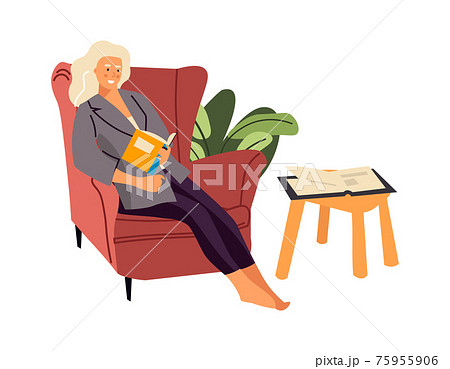 Reading woman. Cartoon female sitting in armchair and holding book. Smiling character resting at home. Clever girl studying textbook. Hobby and leisure pastime, vector illustration Reading woman. Cartoon female sitting in armchair and holding book. Smiling character resting at home. Clever girl studying textbook. Hobby and leisure pastime, vector illustration 75955906