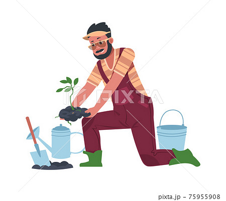 Farmer plants seedling. Cartoon agricultural worker takes care of crops, gardener grows vegetables. Man working in garden using watering can and shovel or bucket. Vector illustration Farmer plants seedling. Cartoon agricultural worker takes care of crops, gardener grows vegetables. Man working in garden using watering can and shovel or bucket. Vector illustration 75955908
