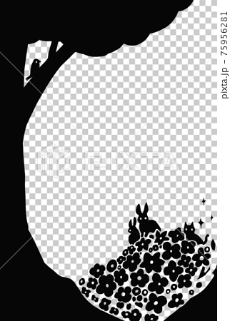 黒の切り絵風のウサギと花畑のシルエットの背景イラスト タテのイラスト素材