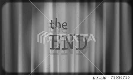 The end of film. Black noir screen with curtains and typography The End. Vintage retro scene with lettering like in old time hollywood movies 75956719