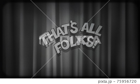 Black noir screen with curtains and typography That's all folks! Vintage retro scene with lettering like in old time hollywood movies 75956720
