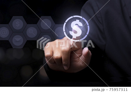 Businessman touching money currency icon with finger. 75957311