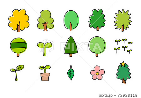 木や植物の可愛い手書きアイコンセット 緑の大木や紅葉したイチョウなど様々な木々のイラスト のイラスト素材