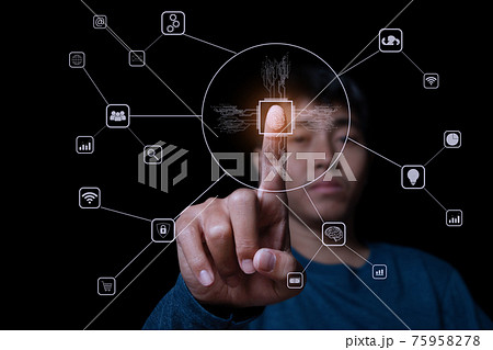 Businessman with technology fingerprint scan provides security. 75958278