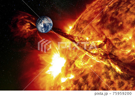 Planet Earth against the backdrop of a giant sun, the concept of solar activity, geomagnetic storm. 75959200