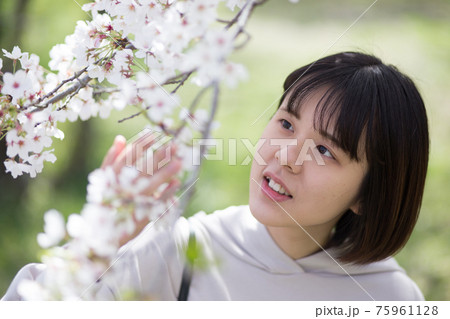 桜の花を見る女性のポートレート 桜の花を見る女性のポートレート 75961128