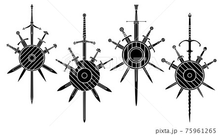 Set of simple black images of five crossed swords with medieval two-handed sword covered with shields. Set of simple black images of five crossed swords with medieval two-handed sword covered with shields. 75961265
