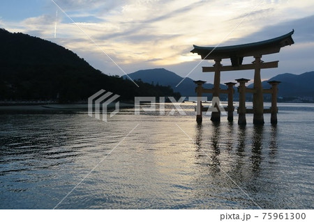 厳島神社の秋の空と大鳥居の写真素材