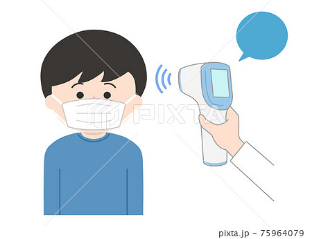 おでこで検温される男の子(マスク着用)イラスト おでこで検温される男の子(マスク着用)イラスト 75964079