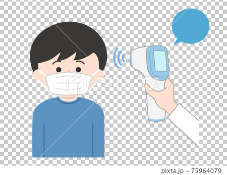 Illustration of a boy (wearing a mask) whose temperature is measured on his forehead Illustration of a boy (wearing a mask) whose temperature is measured on his forehead 75964079