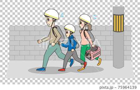 猫を連れて走って避難する家族 75964139