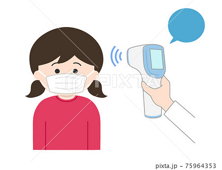 おでこで検温される女の子(マスク着用)イラスト おでこで検温される女の子(マスク着用)イラスト 75964353