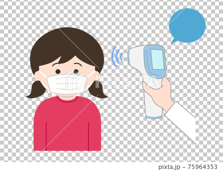 おでこで検温される女の子(マスク着用)イラスト おでこで検温される女の子(マスク着用)イラスト 75964353
