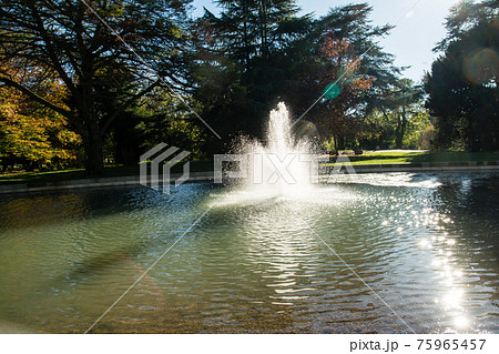 明るい日差しの下の水しぶきを上げる噴水 ロンドン郊外の公園にて 明るい日差しの下の水しぶきを上げる噴水 ロンドン郊外の公園にて 75965457