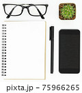 White hipster desk with notebook, pen, smartphone and eye glasses. Top view, flat lay. 75966265