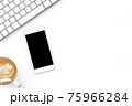 White smartphone with blank mockup screen is on top of white table with copy space. Top view, flat lay. 75966284