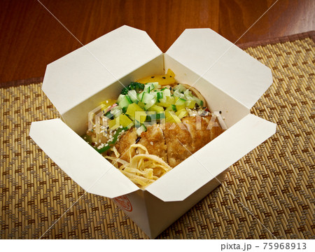 Pork roasted and udon-noodle. take-out food 75968913