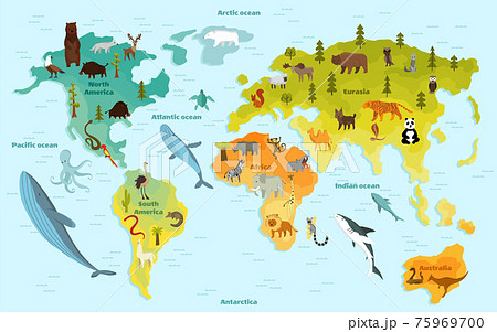 World map with different animal. Funny cartoon banner for children with the continents, oceans and lot of funny animals. Materials for kids preschool education World map with different animal. Funny cartoon banner for children with the continents, oceans and lot of funny animals. Materials for kids preschool education 75969700