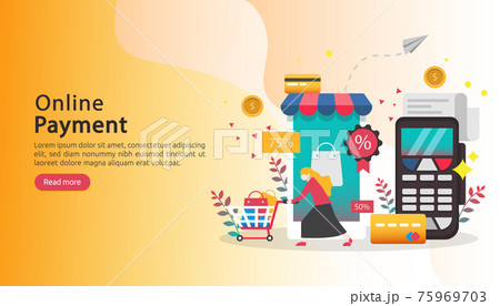 mobile payment or money transfer concept. E-commerce market shopping online illustration with tiny people character. template for web landing page, banner, presentation, social media, print media. 75969703