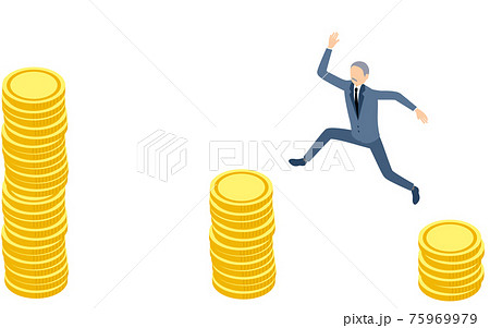 金貨から金貨にジャンプするビジネスマン、ビジネスシーンのイメージ、アイソメトリック 75969979